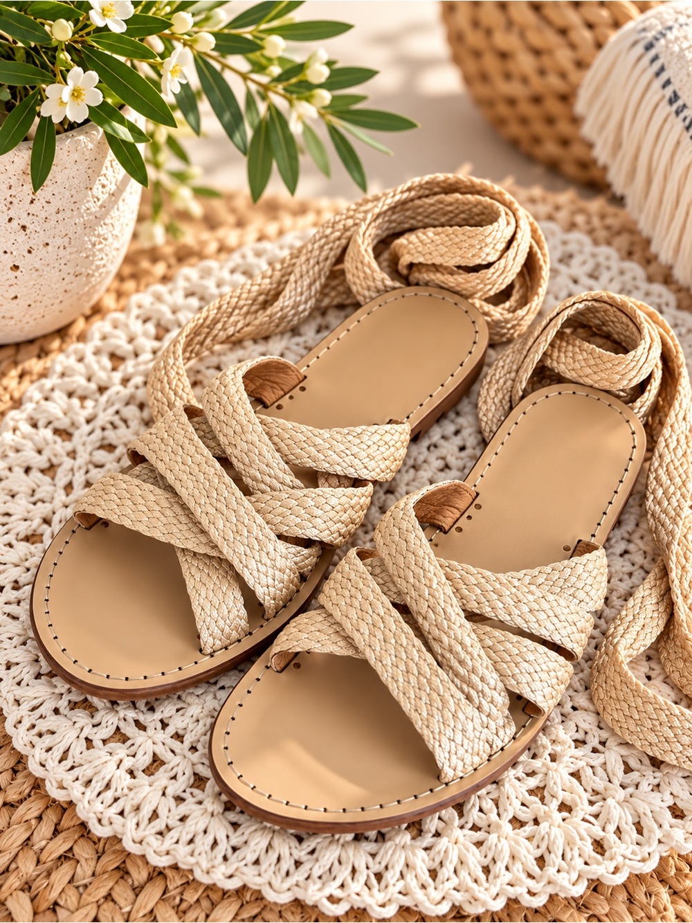 AMANU The Kilimanjaro Woven Lace-Up Sandals Beige size 8 old money Coatsal #94